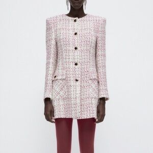 Zara Pink and White Tweed Long Jacket Size Large